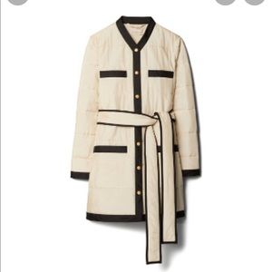 XS Tory Burch Quilted Long Jacket in Light Pale Stone